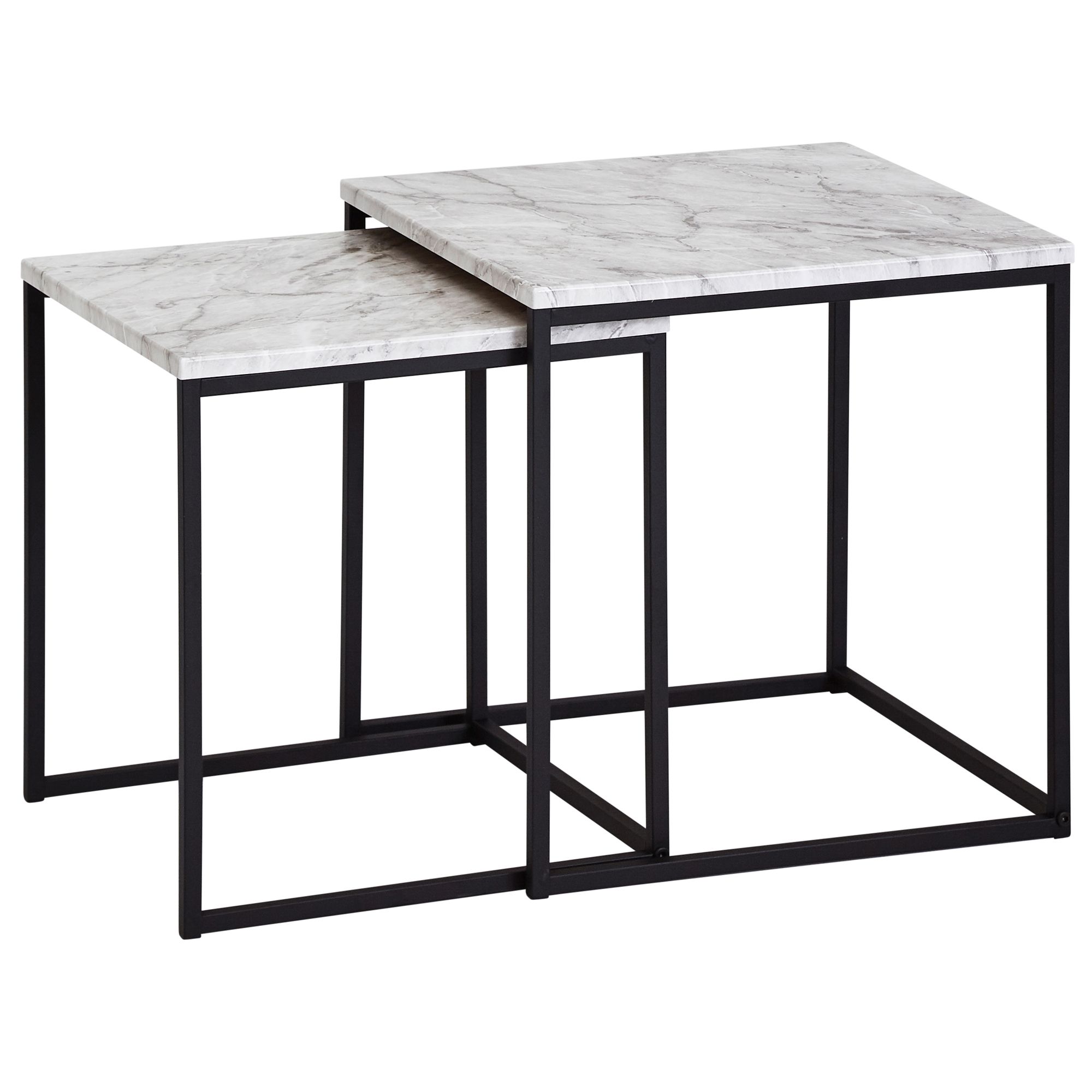 Conjunto 2 Mesas de Apoio Efeito Mármore Branco MDF | Pés de Metal Pretos | Dimensões 40x42,5x40 cm & 35x39,5x35 cm