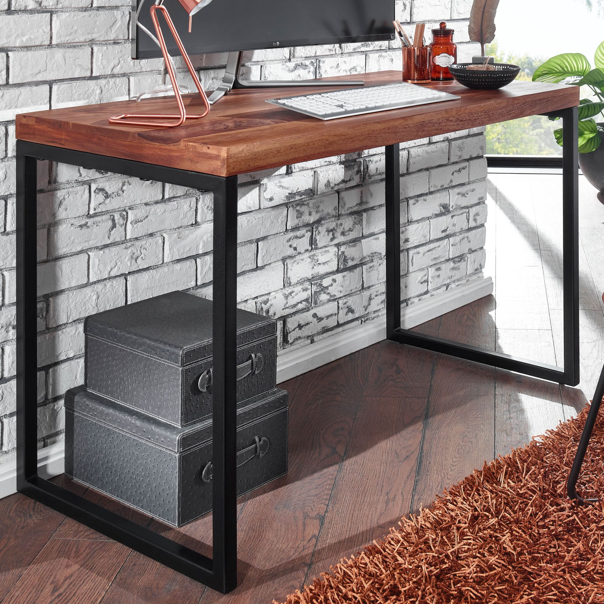 Mesa de Escritório Sheesham Madeira Maciça / Metal | Castanho e Preto | 117x59x76,5 cm