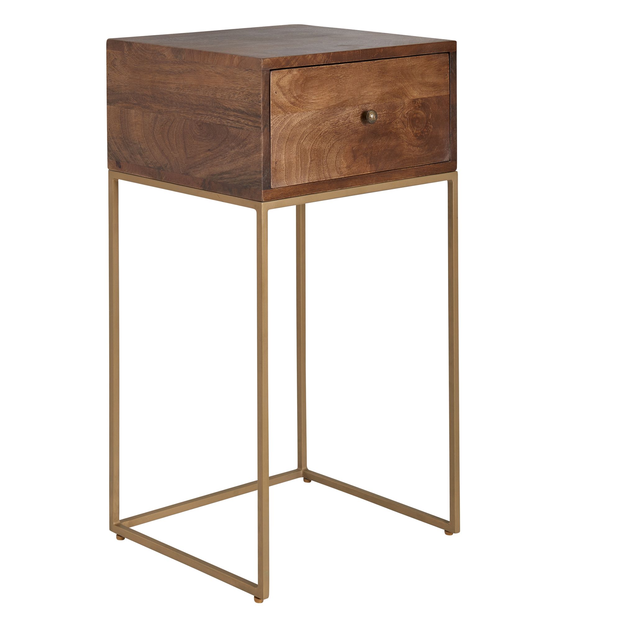 Mesa de Cabeceira Madeira Maciça de Manga / Metal | Cor Castanho & Dourado | 40 x 75,5 x 35 cm