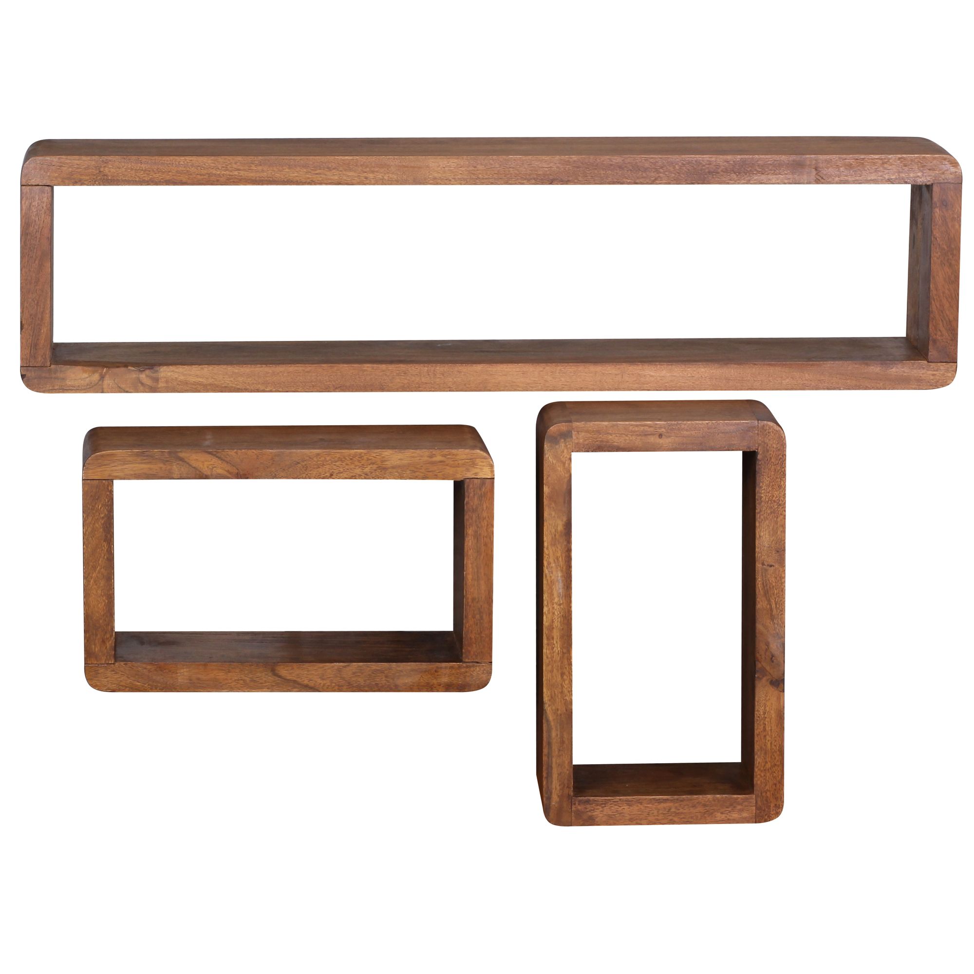 Conjunto de 3 prateleiras de parede BOHA em madeira maciça Sheesham | Cor natural | 80x20x15 cm, 34x20x15 cm