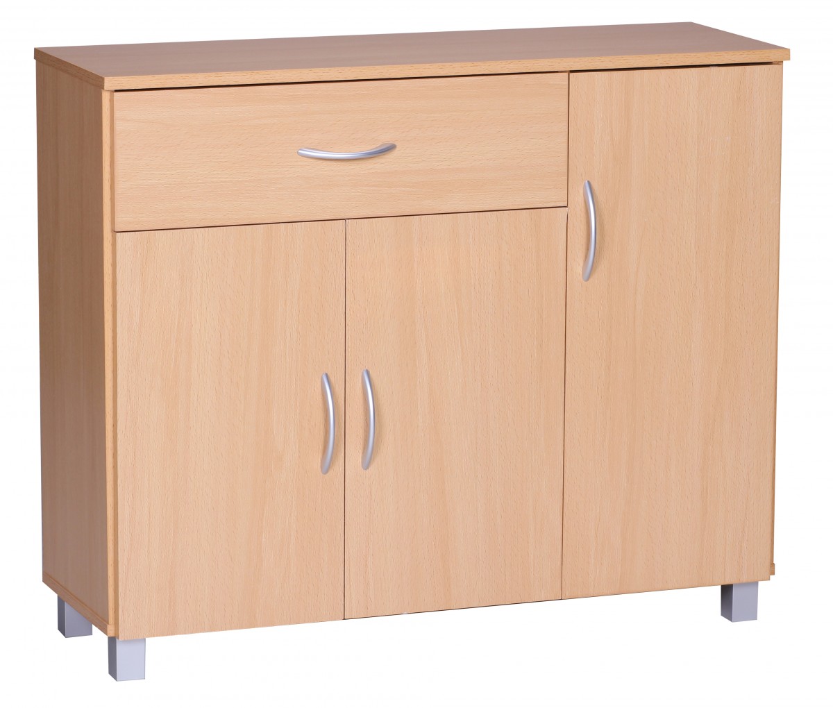 Aparador SETE faia mate 90 x 75 x 30 cm | 1 gaveta & 3 portas, puxadores alumínio cinza