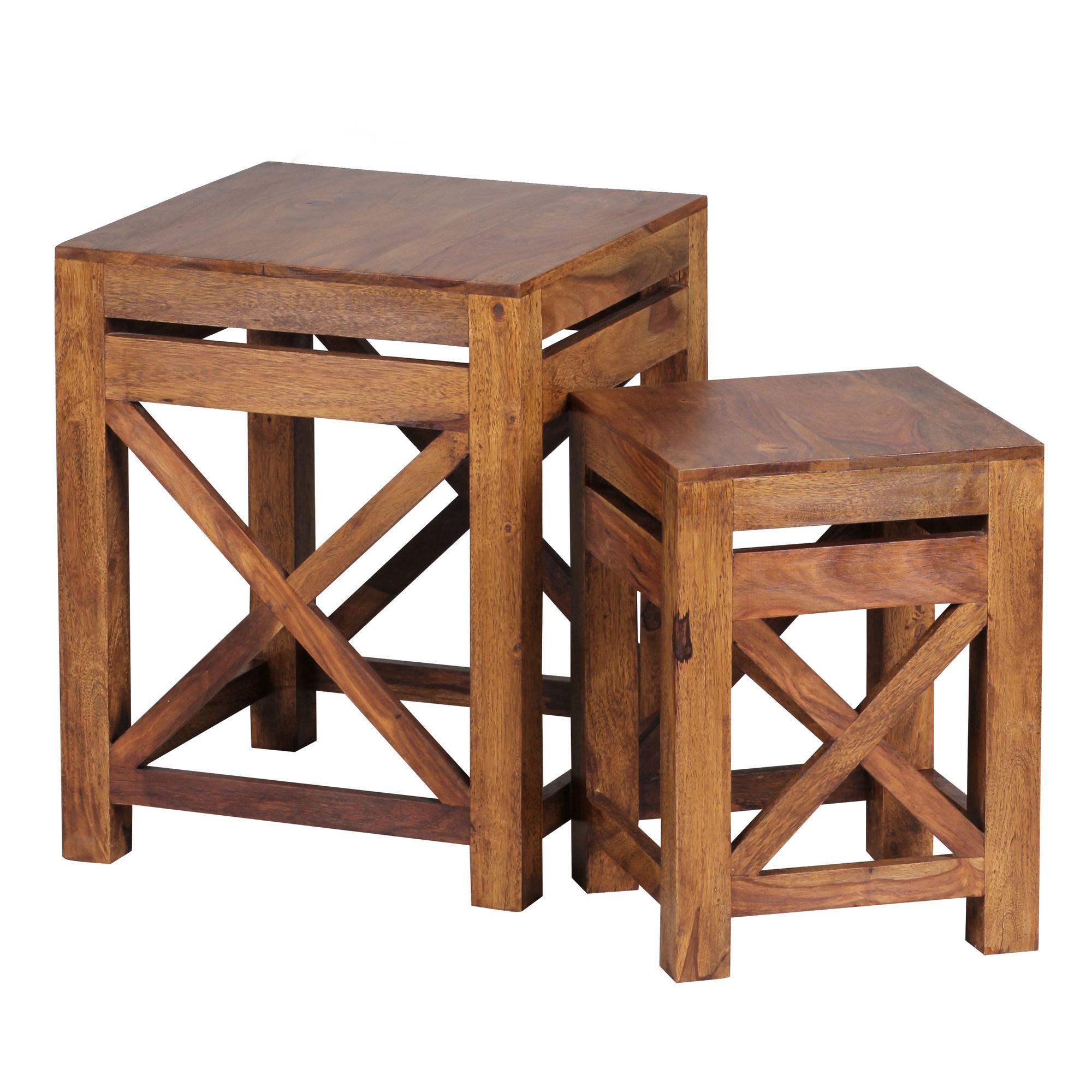 Conjunto 2 mesas laterais PALI madeira maciça Sheesham castanho escuro 40x50 e 29x40 cm cubos | Mesas com arrumação | Estilo campestre