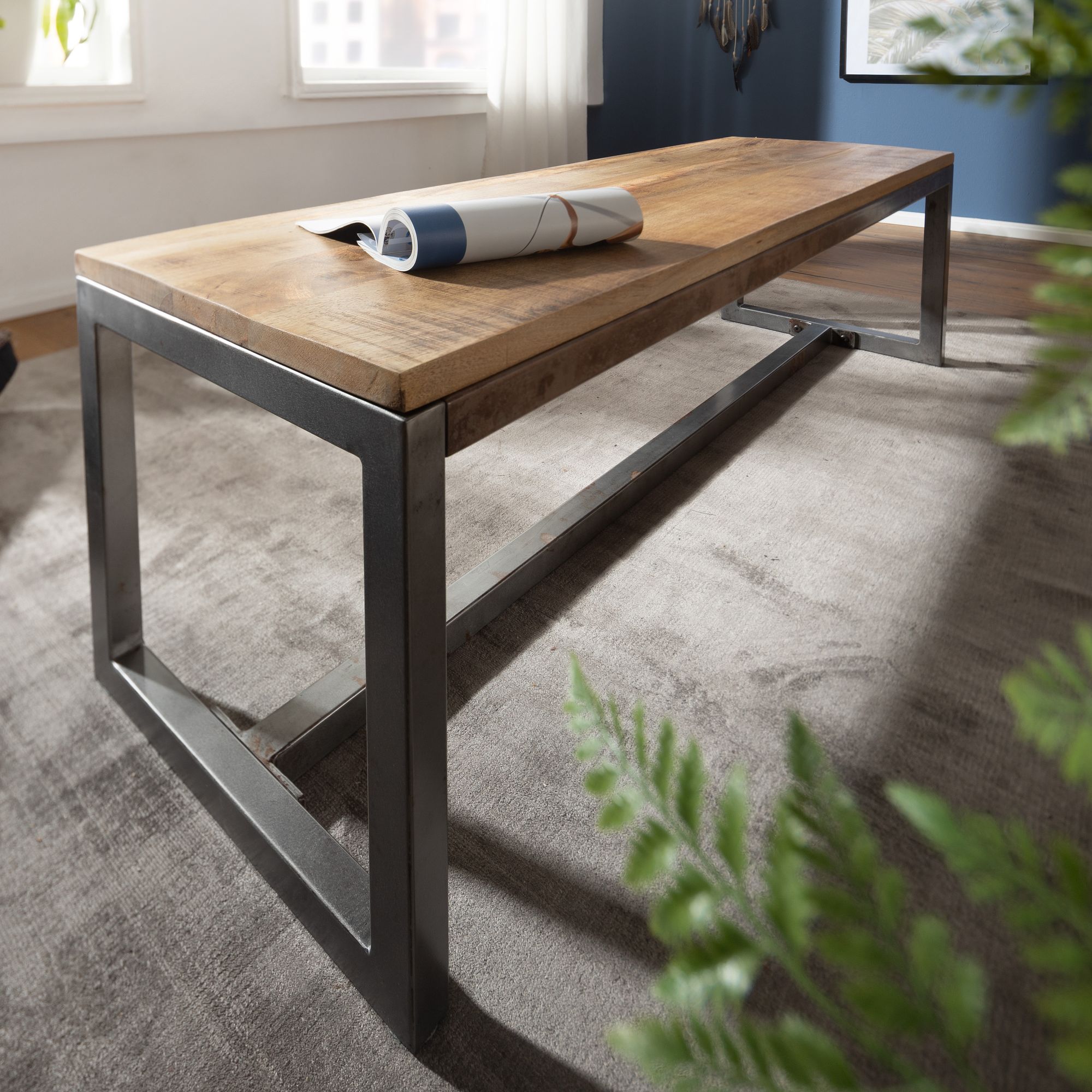 Banco de jantar 120x46x45 cm Madeira maciça de manga e metal | Estilo vintage Banco de jantar 120x46x45 cm Madeira maciça de manga e metal | Estilo vintage