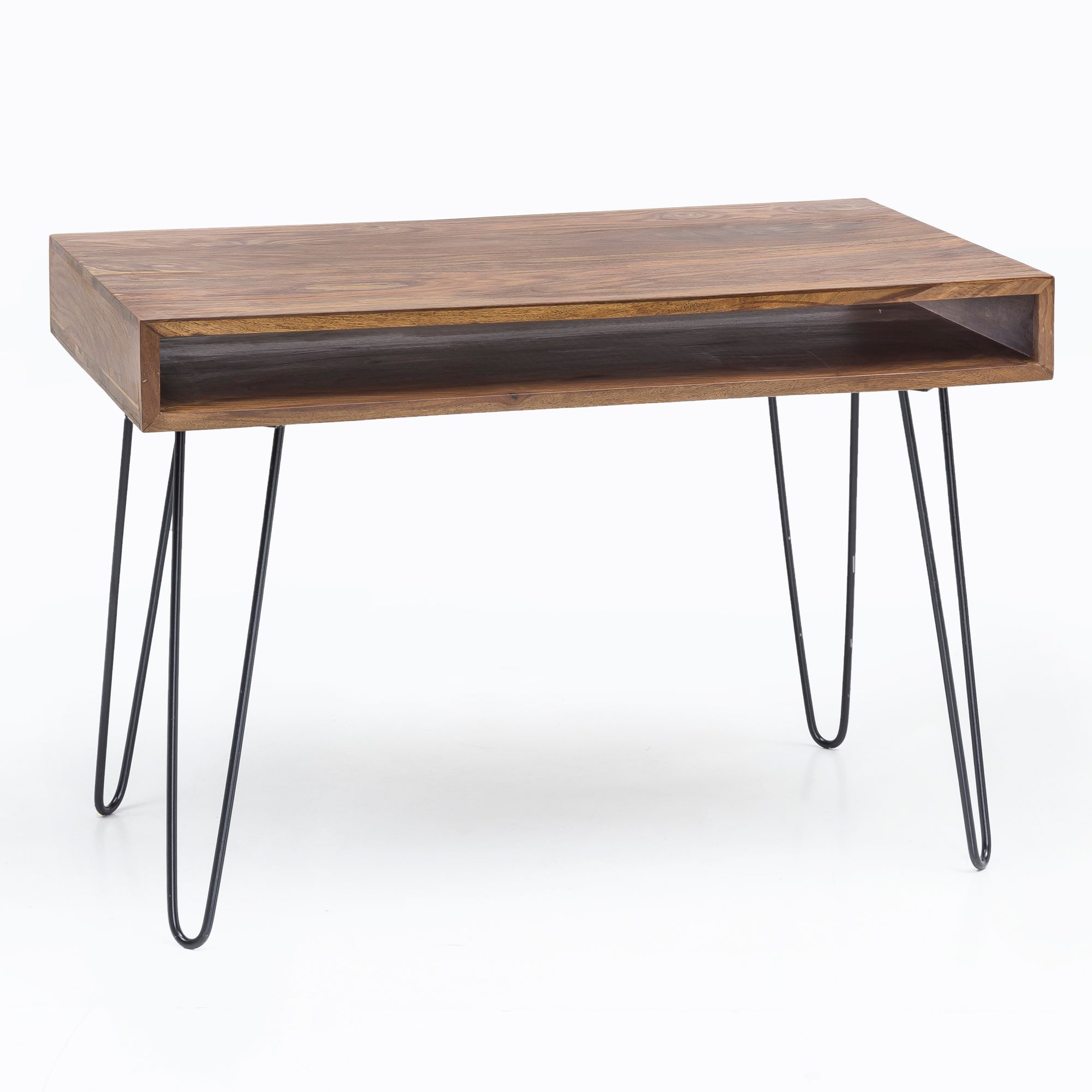 Mesa BAGLI 110x60x76 cm | Madeira maciça Sheesham | Cor madeira natural & pés pretos | Mesa para laptop com prateleira
