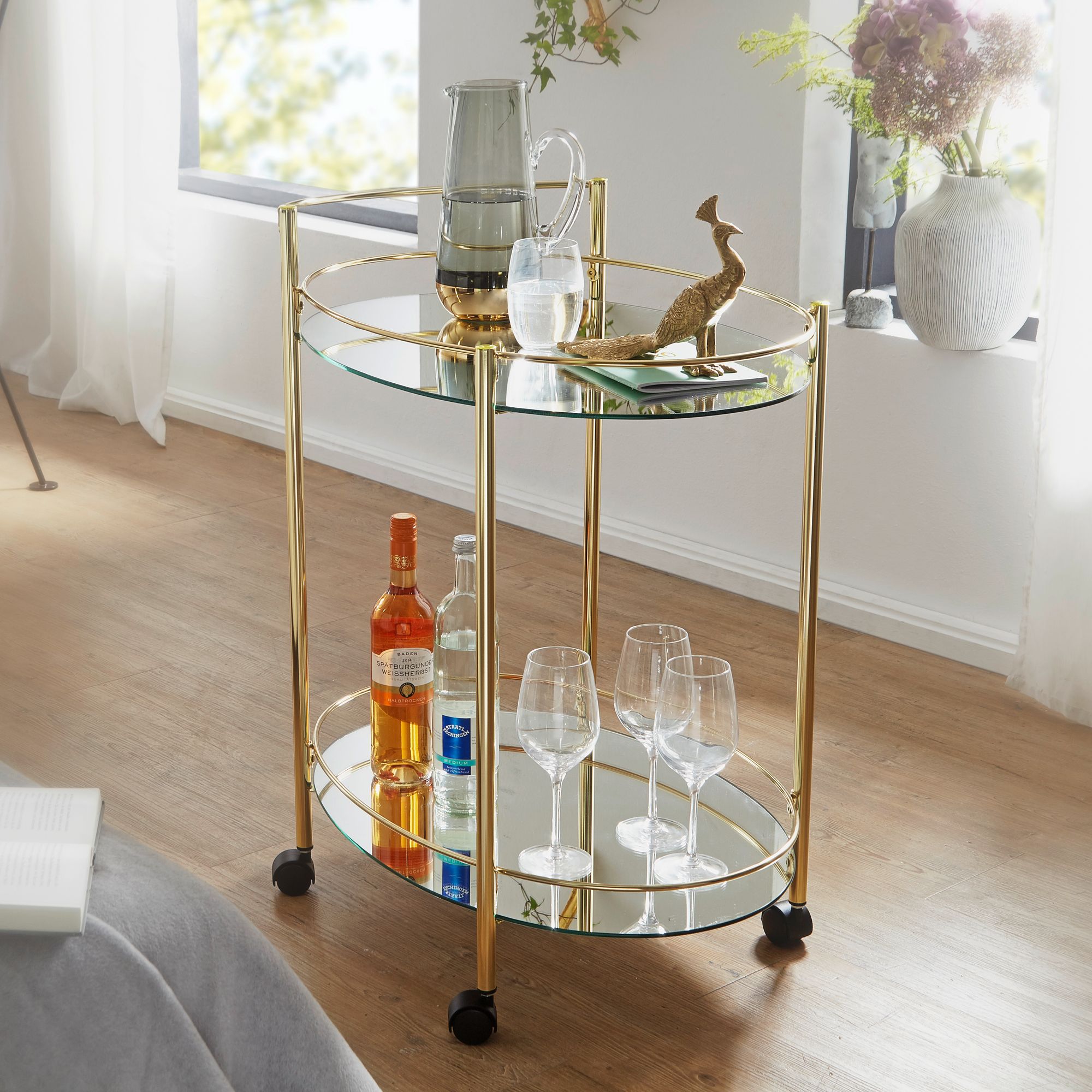 Carrinho de servir design dourado | Prateleira de vidro branco | 67x79x46 cm