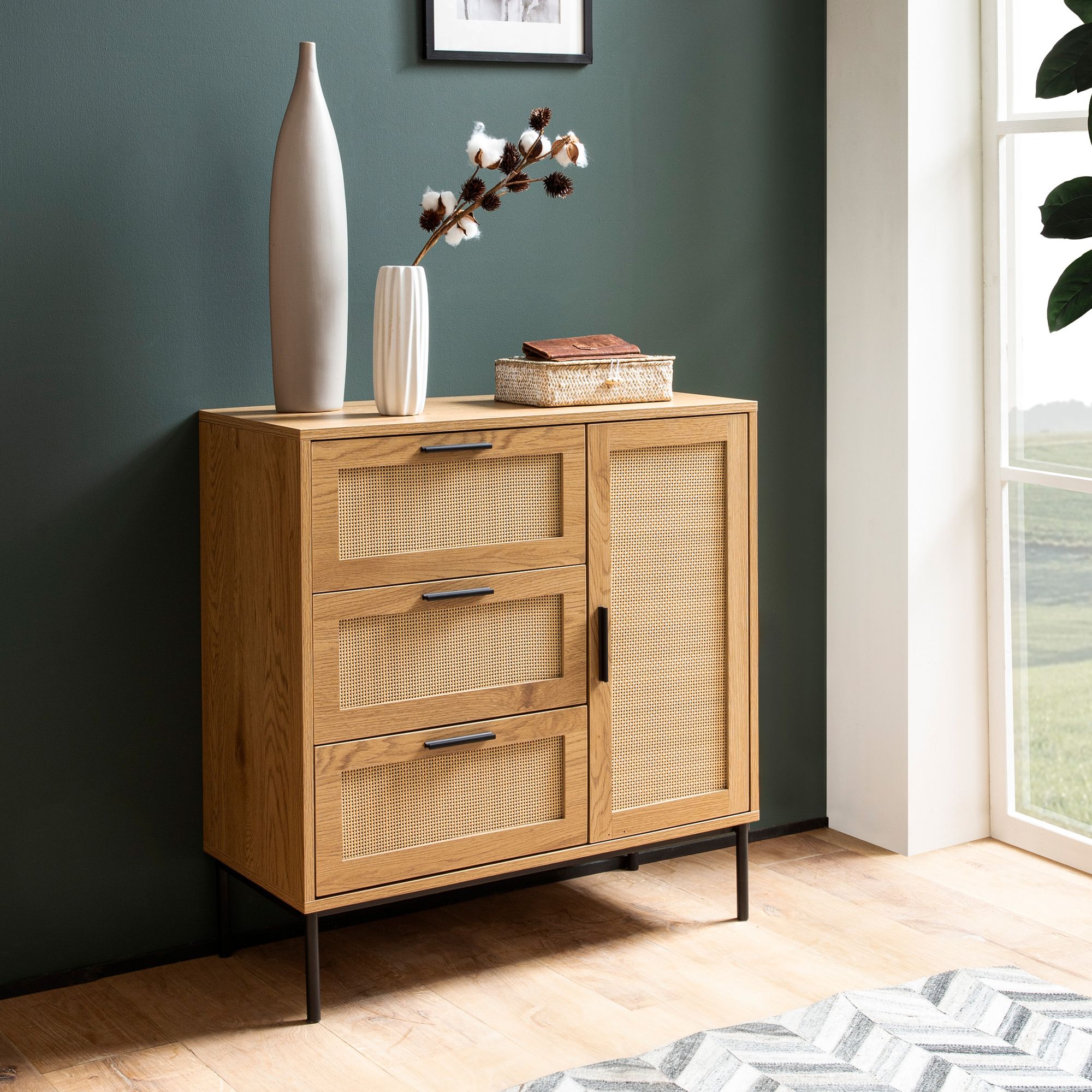 Cômoda efeito carvalho castanho e preto 80x82x36 cm | 3 gavetas & 2 portas em rattan | Móvel de entrada versátil e moderno