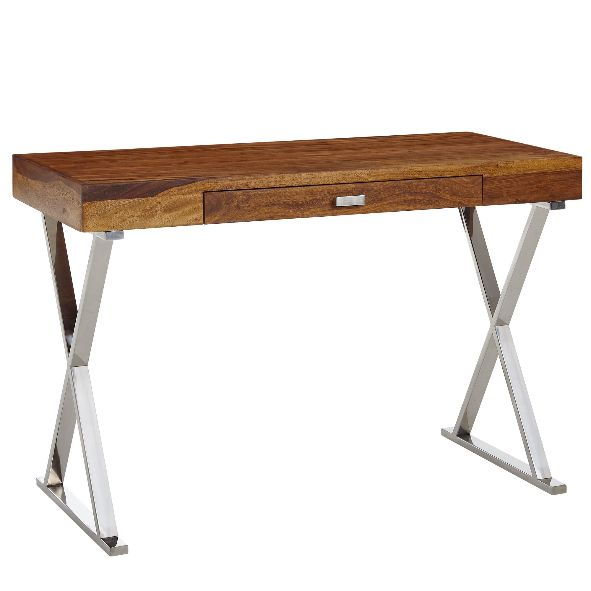 Secretária 120x55x78 cm | Madeira maciça Sheesham & metal cromado | Design moderno com gaveta | Castanho escuro & Cromo