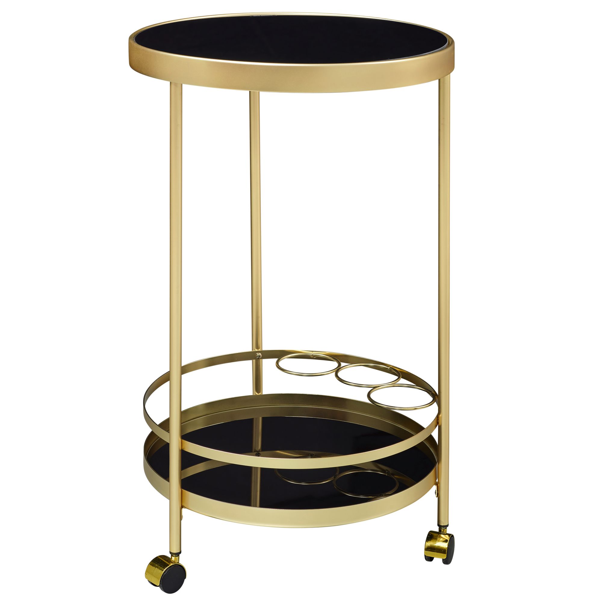 Carrinho de serviço design | Aço pintado ouro fosco e vidro preto | Ø 45 cm, Altura 76 cm