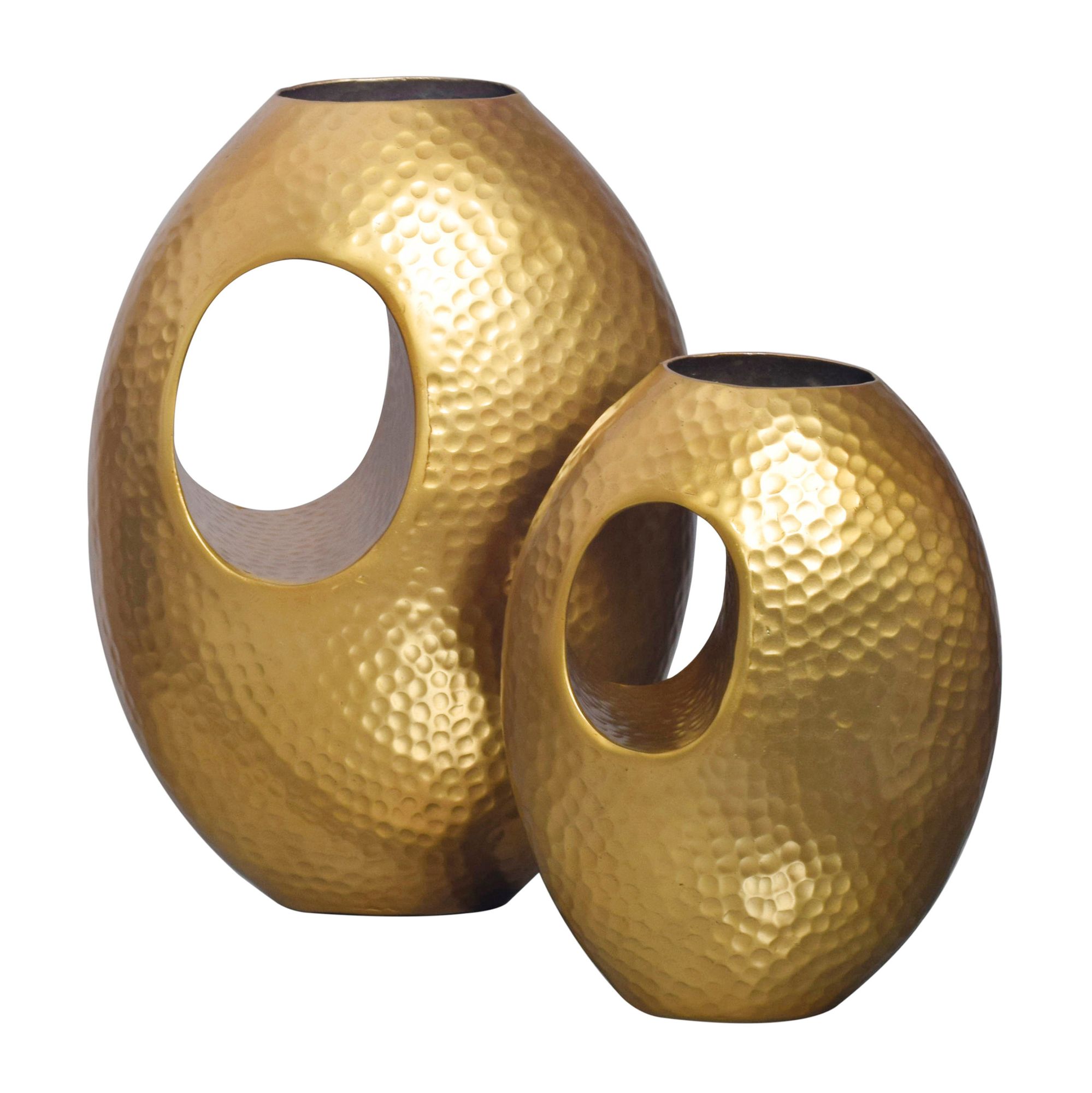 Conjunto de 2 Vasos Decorativos em Alumínio Dourado | Design Moderno Hammerschlag com Alças | Dimensões 29x39x16,5 cm e 22x31x15 cm Conjunto de 2 Vasos Decorativos em Alumínio Dourado | Design Moderno Hammerschlag com Alças | Dimensões 29x39x16,5 cm e 22x31x15 cm