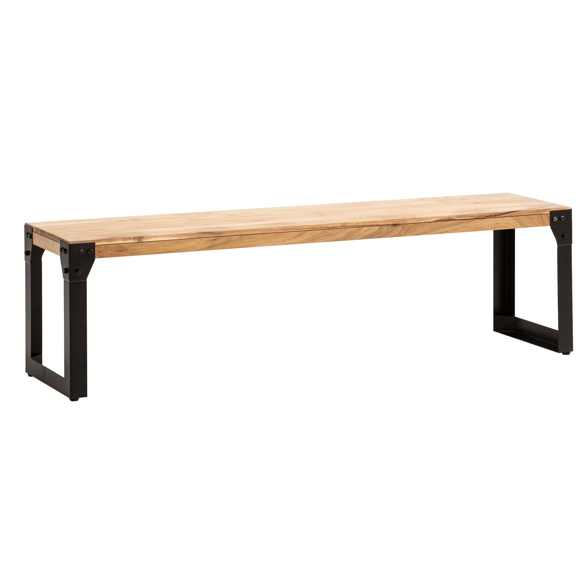 Banco de jantar 120x40x45 cm em madeira maciça de acácia castanho dourado | Pernas em metal preto | Banco industrial sem encosto Banco de jantar 120x40x45 cm em madeira maciça de acácia castanho dourado | Pernas em metal preto | Banco industrial sem encosto